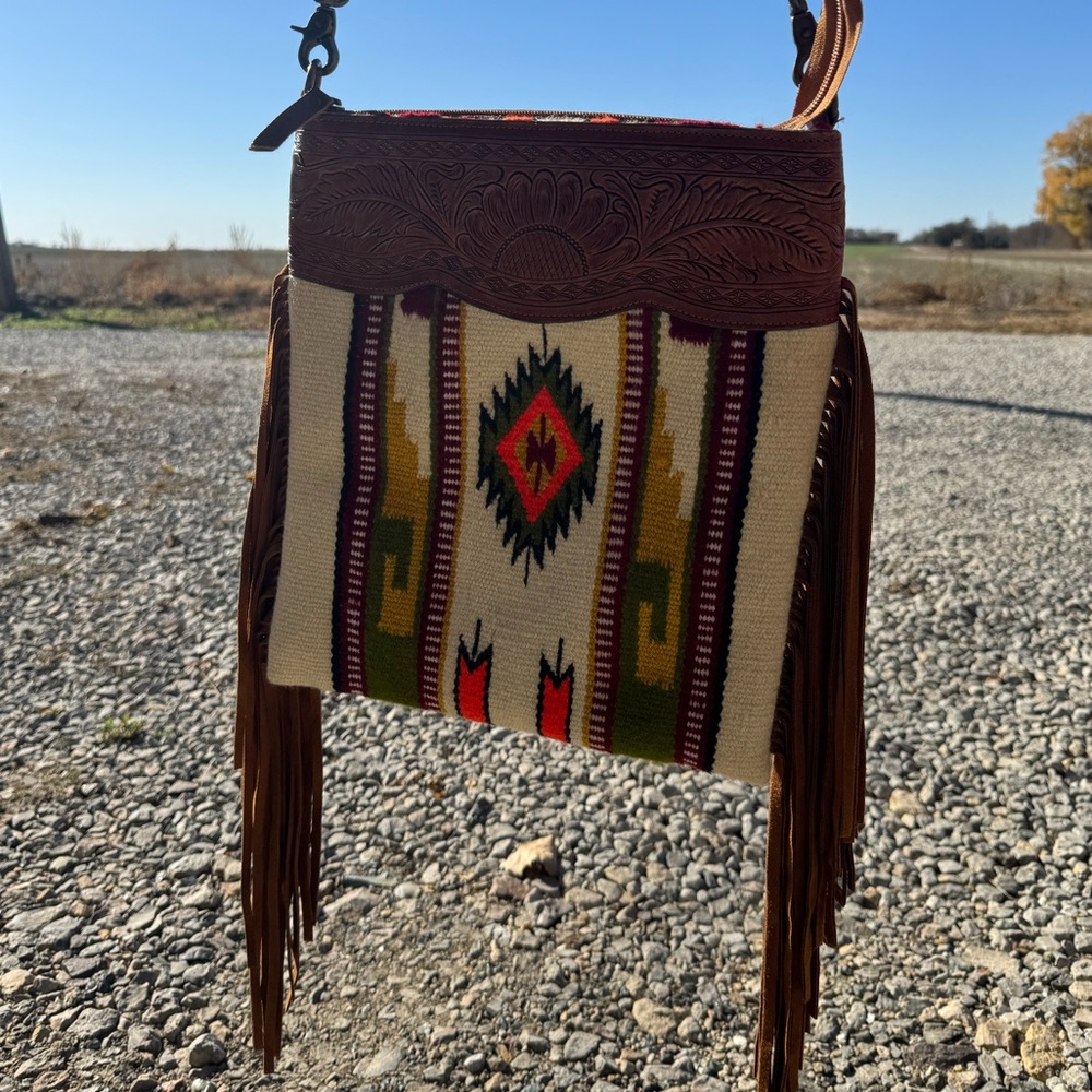 Western Linen purple/green aztec with sunflower tooled top